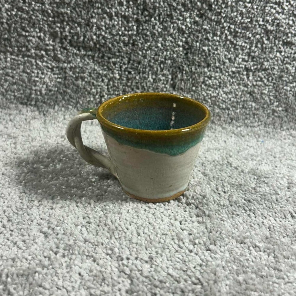 Twisted Handle Artisan Studio Pottery Espresso Cup Teal Cream Small Mug